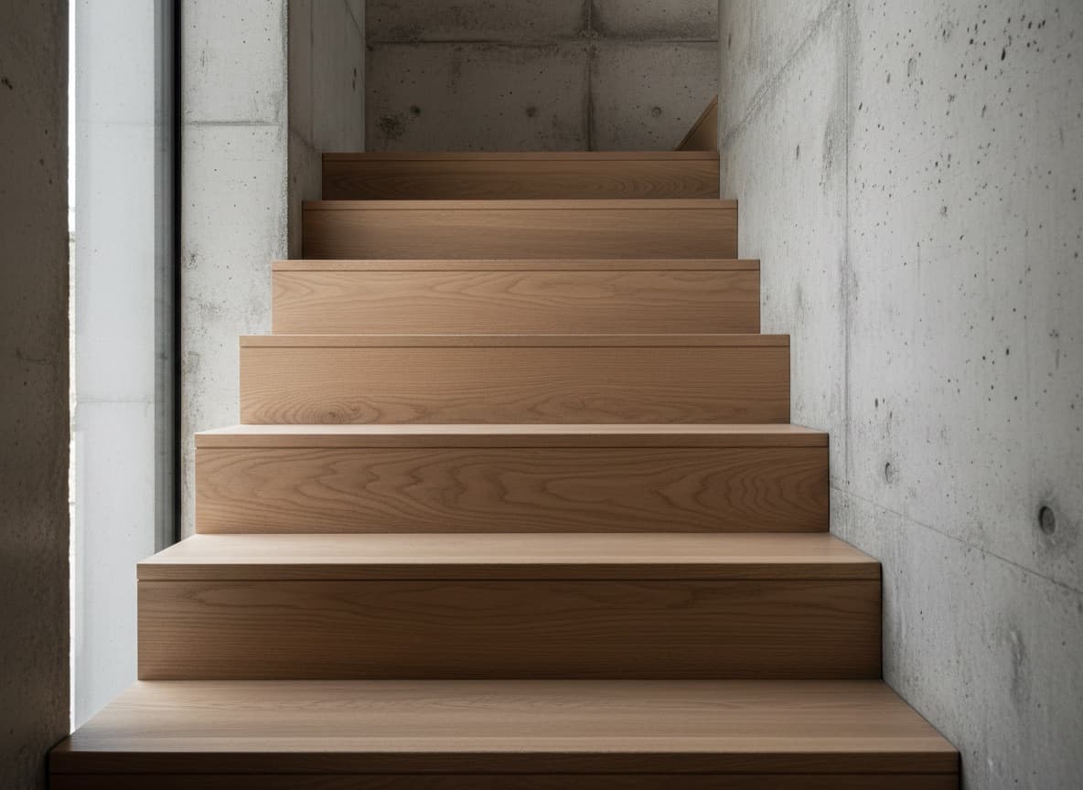 Detalhe de escada em madeira e concreto