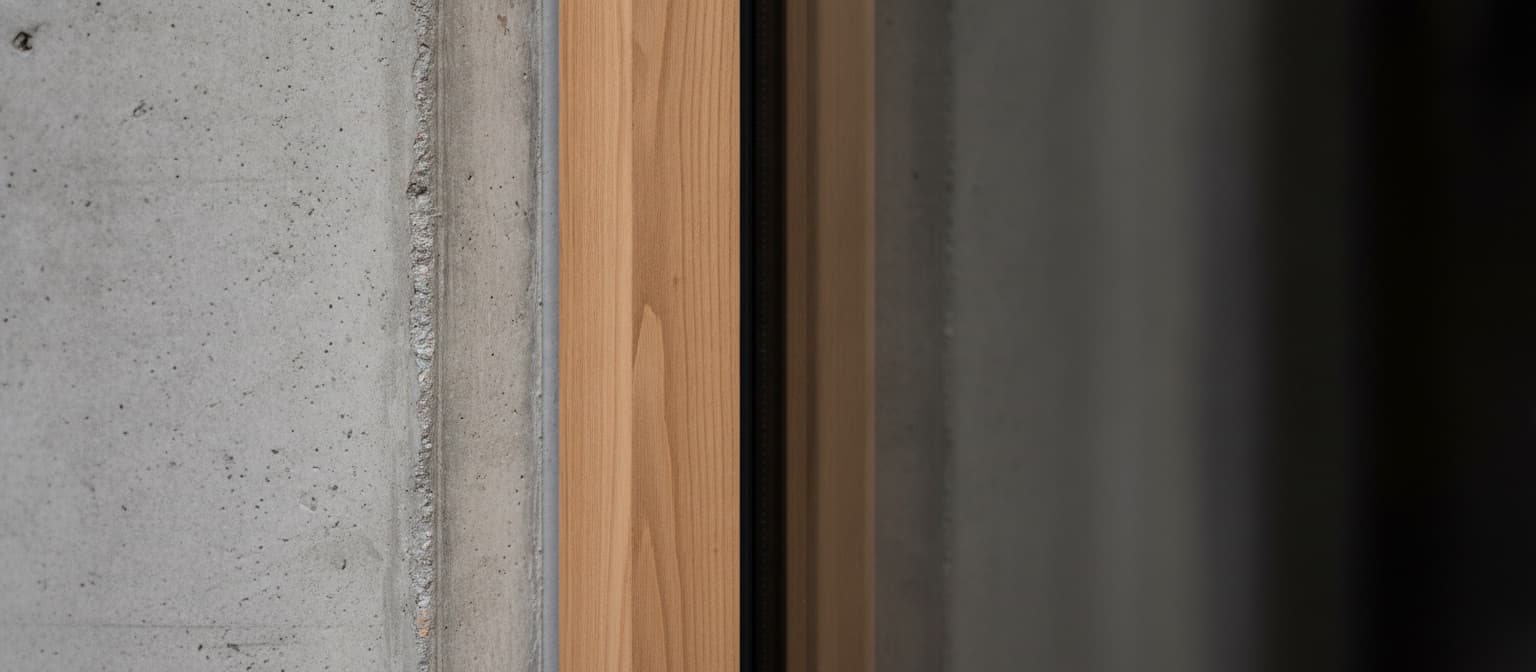 Detalhe de materiais — concreto, madeira e vidro