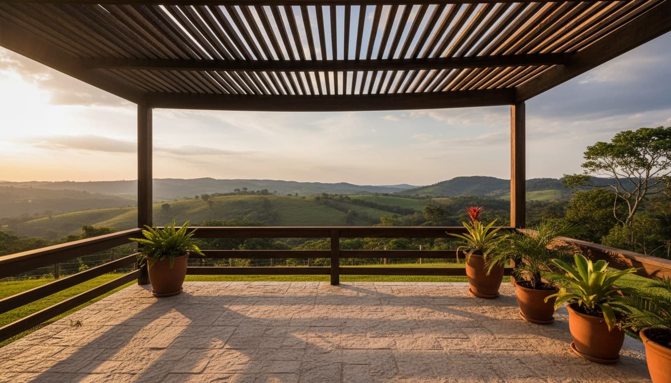 Terraço ao entardecer com vista para as colinas